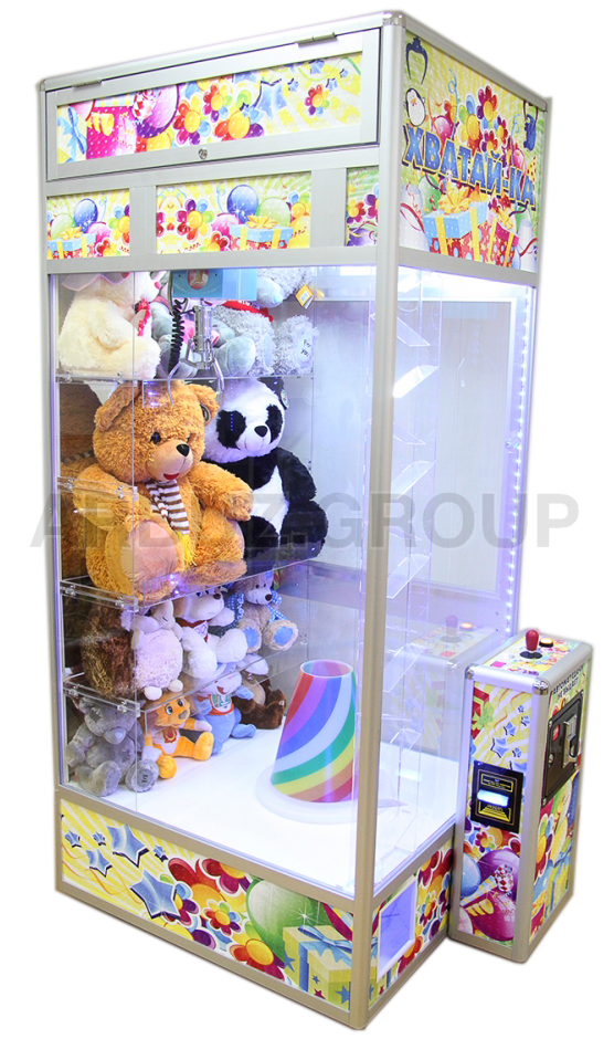 Торгово-призовой автомат 'Хватай-ка с лузой и скатом для мячей' + витрина для больших игрушек